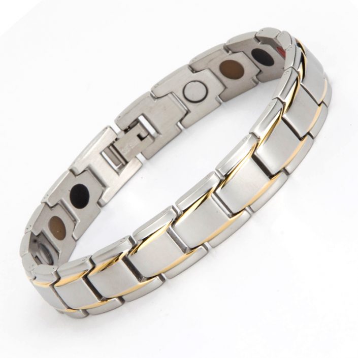 Wellness Device - Stainless Steel Unisex Magnetic Power Bracelet. 4-in-1 Energy: Magnets + Negative Ions + Far Infrared Rays (FIR) + Germanium. Model BR-S-160. Silver/Gold color