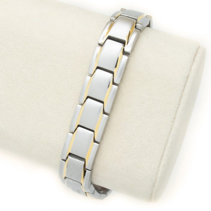 Wellness Device - Stainless Steel Unisex Magnetic Power Bracelet. 4-in-1 Energy: Magnets + Negative Ions + Far Infrared Rays (FIR) + Germanium. Model BR-S-160. Silver/Gold color