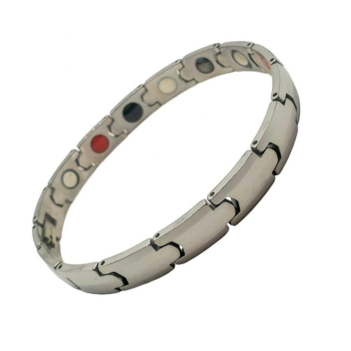 Wellness Device - Tungsten Lady’s Magnetic Power Bracelet. 5-in-1 Energy: Magnets + Negative Ions + Far Infrared Rays (FIR) + Germanium + Hematite. Model BR-TNG-304L. Tungsten color