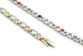Wellness Device - Stainless Steel Lady’s Magnetic Power Bracelet. 4-in-1 Energy: Magnets + Negative Ions + Far Infrared Rays (FIR) + Germanium. Model BR-S-166. Silver/Gold color with Crystals