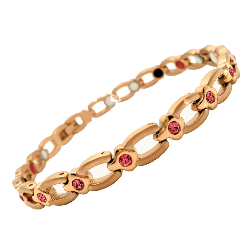Stainless-Steel-Lady’s-Magnetic-Power-Bracelet.-4-in-1-Energy-Magnets-Negative-Ions-Far-Infrared-Rays-FIR-Germanium.-Model-BR-S-170.-Rose-Gold-color-with-Crystals-1-2