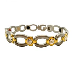Wellness Device - Titanium Lady’s Magnetic Power Bracelet. 3-in-1 Energy: Negative Ions + Far Infrared Rays (FIR) + Germanium. Model BR-T-168. Silver/Gold color with Crystals