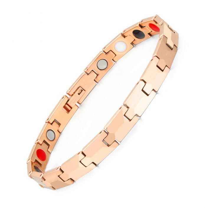 Wellness Device – Tungsten Lady’s Magnetic Power Bracelet. 5-in-1 Energy: Magnets + Negative Ions + Far Infrared Rays (FIR) + Germanium + Hematite. Model BR-TNG-303. Rose Gold color