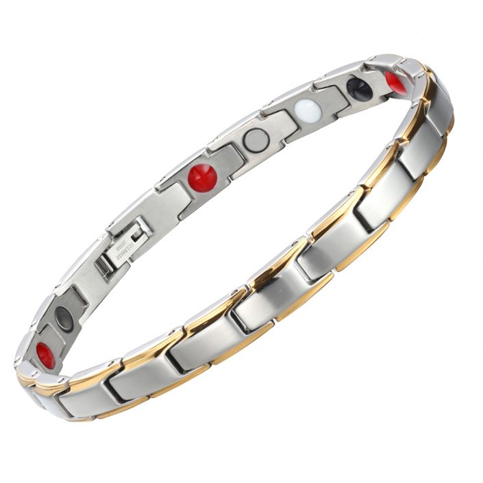 Wellness Device - Stainless Steel Unisex Magnetic Power Bracelet. 4-in-1 Energy: Magnets + Negative Ions + Far Infrared Rays (FIR) + Germanium.  Silver/Gold color