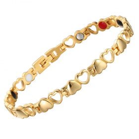 Wellness Device - Stainless Steel Lady’s Magnetic Power Bracelet. 4-in-1 Energy: Magnets + Negative Ions + Far Infrared Rays (FIR) + Germanium. Gold color