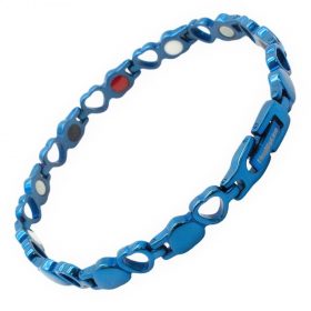 Wellness Device - Stainless Steel Lady’s Magnetic Power Bracelet. 4-in-1 Energy: Magnets + Negative Ions + Far Infrared Rays (FIR) + Germanium. Blue color