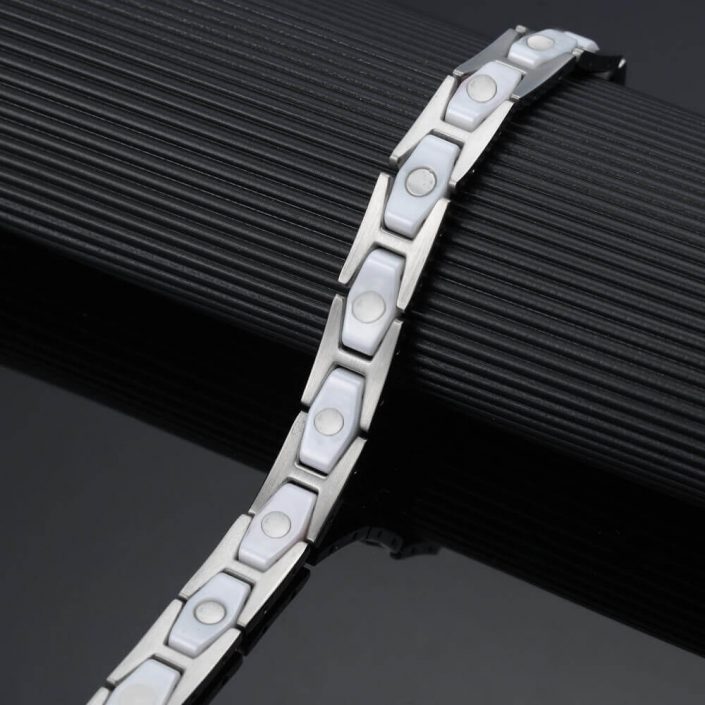Wellness Device - Combination of Ceramic and Stainless Steel Unisex Magnetic Power Bracelet – Hematite Magnets + Negative Ions. Silver and White color