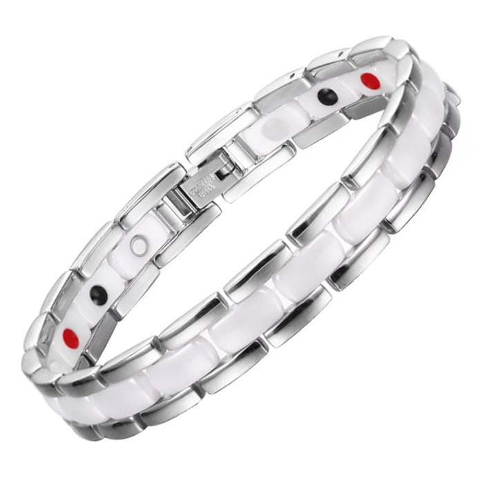 Wellness Device - Combination of Ceramic and Stainless Steel Unisex Magnetic Power Bracelet – 4-in-1 Energy: Magnets + Negative Ions + Far Infrared Rays (FIR) + Germanium. Silver and White color