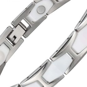 Wellness Device - Combination of Ceramic and Stainless Steel Unisex Magnetic Power Bracelet – Hematite Magnets + Negative Ions. Silver and White color